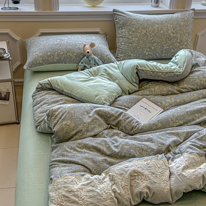 91家纺网 家纺一手货源 找家纺 尊妙被业 2025新款原麻色织全棉花边冬被被子被芯 晚茵绿