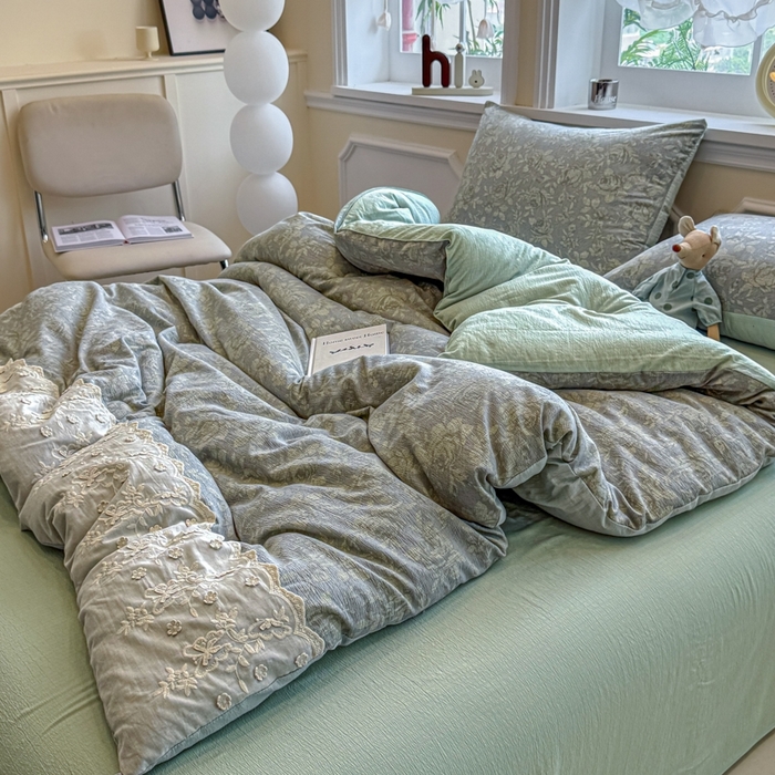 91家纺网 家纺一手货源 找家纺 尊妙被业 2025新款原麻色织全棉花边冬被被子被芯 晚茵绿