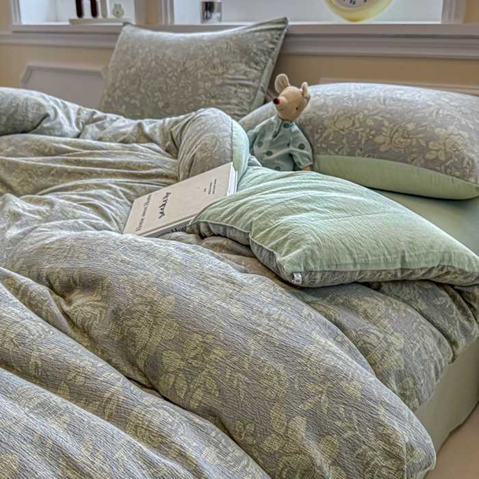 91家纺网 家纺一手货源 找家纺 尊妙被业 2025新款原麻色织全棉花边冬被被子被芯 晚茵绿