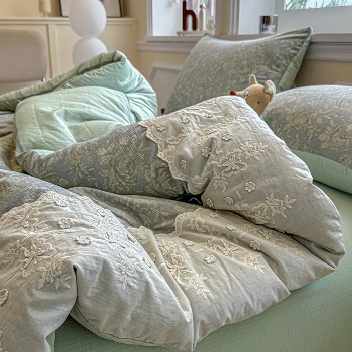 91家纺网 家纺一手货源 找家纺 尊妙被业 2025新款原麻色织全棉花边冬被被子被芯 晚茵绿