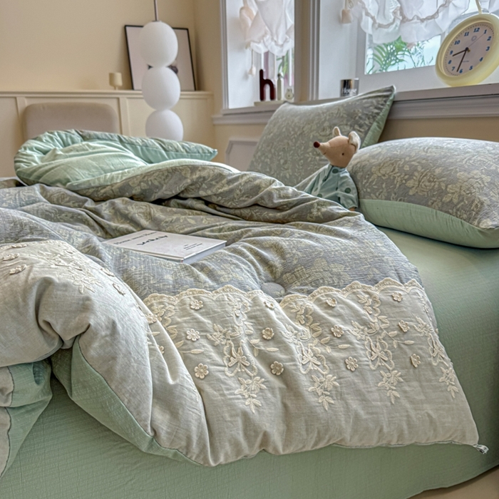 91家纺网 家纺一手货源 找家纺 尊妙被业 2025新款原麻色织全棉花边冬被被子被芯 晚茵绿