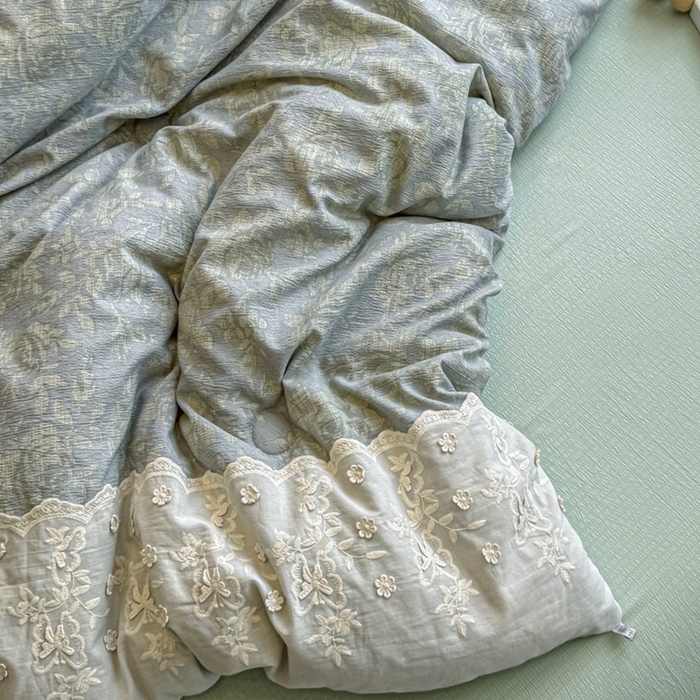 91家纺网 家纺一手货源 找家纺 尊妙被业 2025新款原麻色织全棉花边冬被被子被芯 晚茵绿