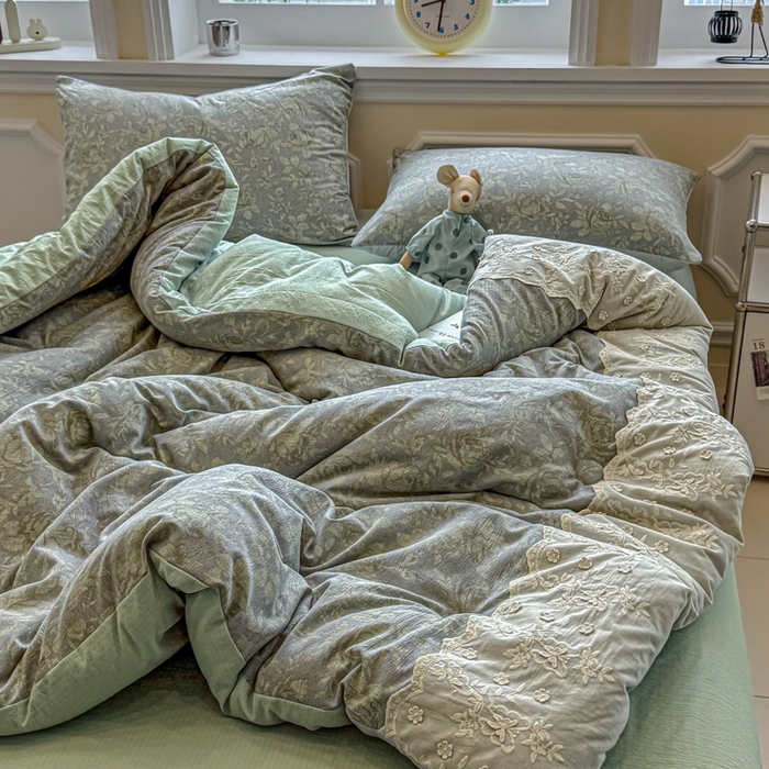 91家纺网 家纺一手货源 找家纺 尊妙被业 2025新款原麻色织全棉花边冬被被子被芯 晚茵绿