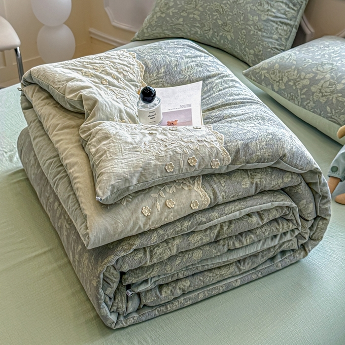 91家纺网 家纺一手货源 找家纺 尊妙被业 2025新款原麻色织全棉花边冬被被子被芯 晚茵绿
