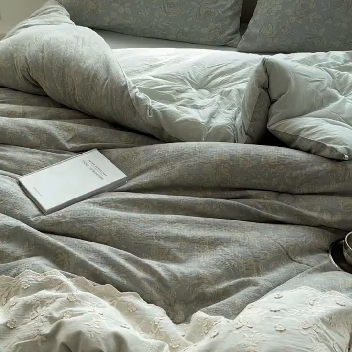 91家纺网 家纺一手货源 找家纺 尊妙被业 2025新款原麻色织全棉花边冬被被子被芯 晚茵绿