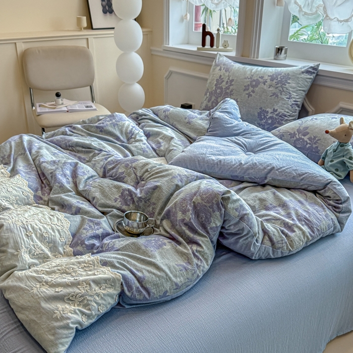 91家纺网 家纺一手货源 找家纺 尊妙被业 2025新款原麻色织全棉花边冬被被子被芯 知音蓝