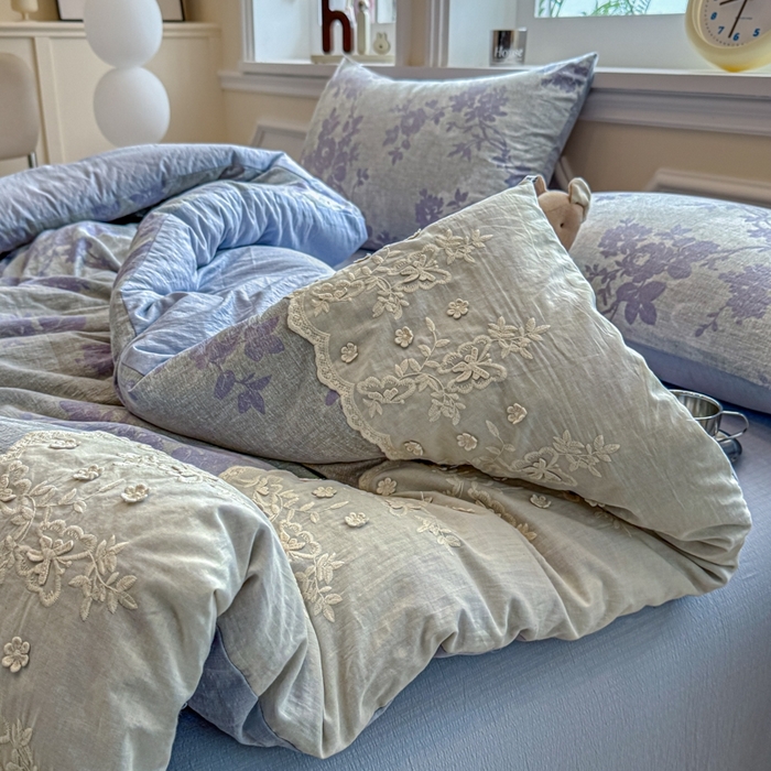 91家纺网 家纺一手货源 找家纺 尊妙被业 2025新款原麻色织全棉花边冬被被子被芯 知音蓝