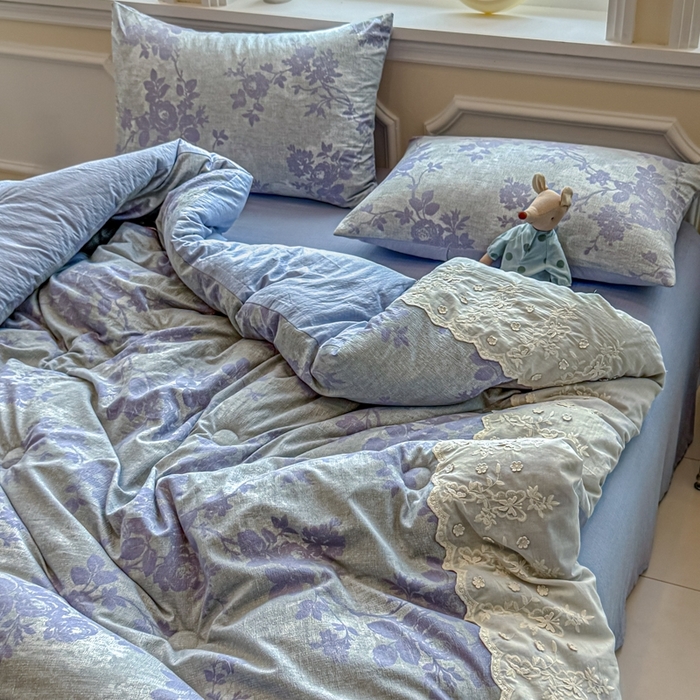 91家纺网 家纺一手货源 找家纺 尊妙被业 2025新款原麻色织全棉花边冬被被子被芯 知音蓝