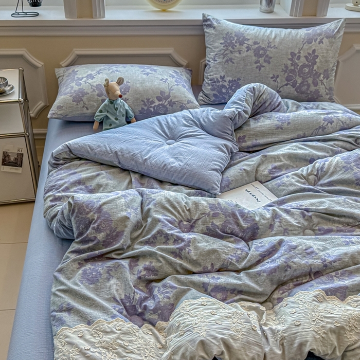 91家纺网 家纺一手货源 找家纺 尊妙被业 2025新款原麻色织全棉花边冬被被子被芯 知音蓝