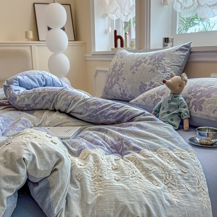 91家纺网 家纺一手货源 找家纺 尊妙被业 2025新款原麻色织全棉花边冬被被子被芯 知音蓝