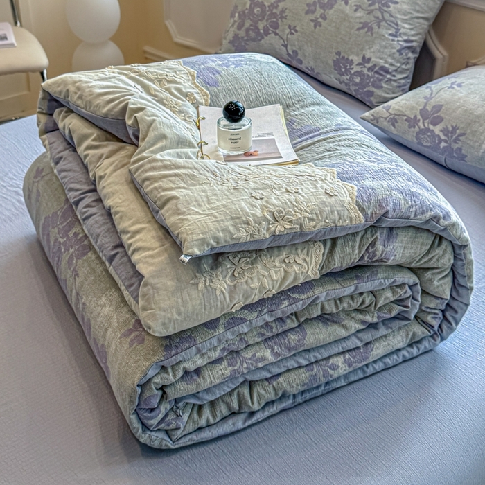 91家纺网 家纺一手货源 找家纺 尊妙被业 2025新款原麻色织全棉花边冬被被子被芯 知音蓝
