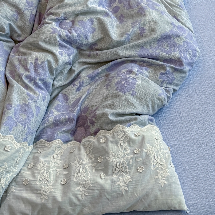 91家纺网 家纺一手货源 找家纺 尊妙被业 2025新款原麻色织全棉花边冬被被子被芯 知音蓝