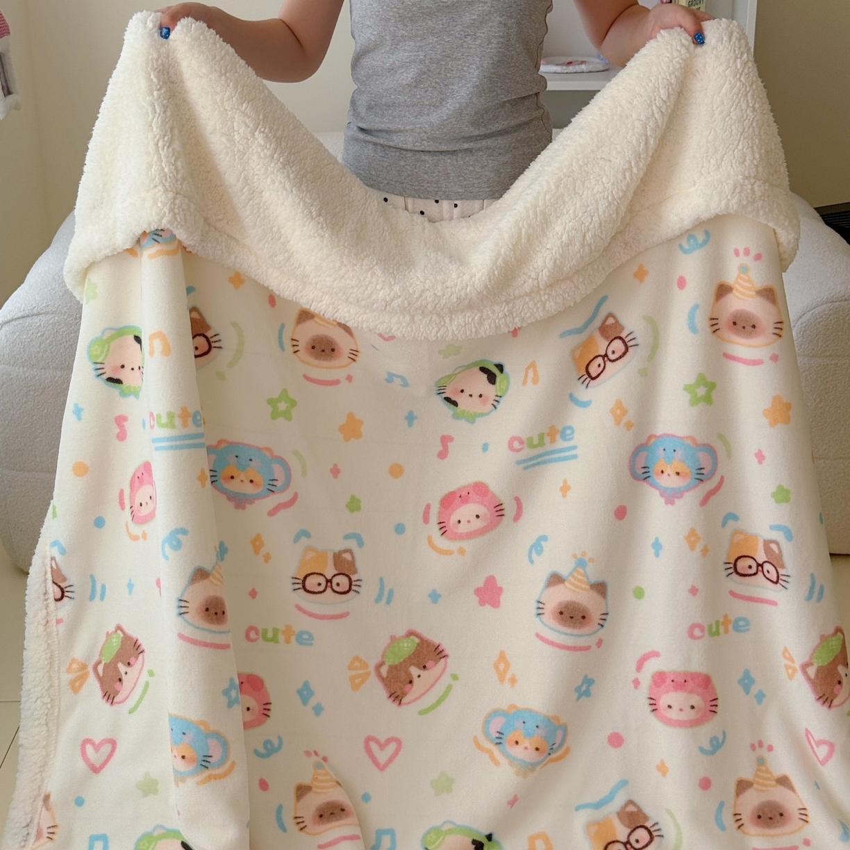 91家纺网 家纺一手货源 找家纺 顾里家纺 2025新款ins韩系少女牛奶羊羔绒盖毯毛毯 泡芙喵喵