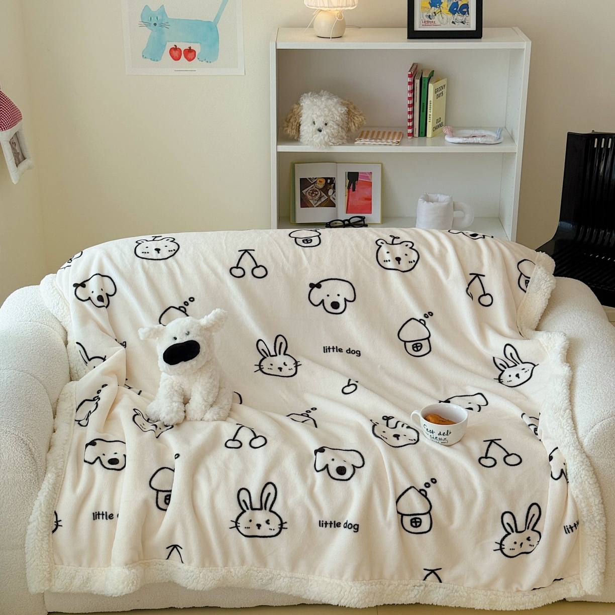 91家纺网 家纺一手货源 找家纺 顾里家纺 2025新款ins韩系少女牛奶羊羔绒盖毯毛毯 线条漫画