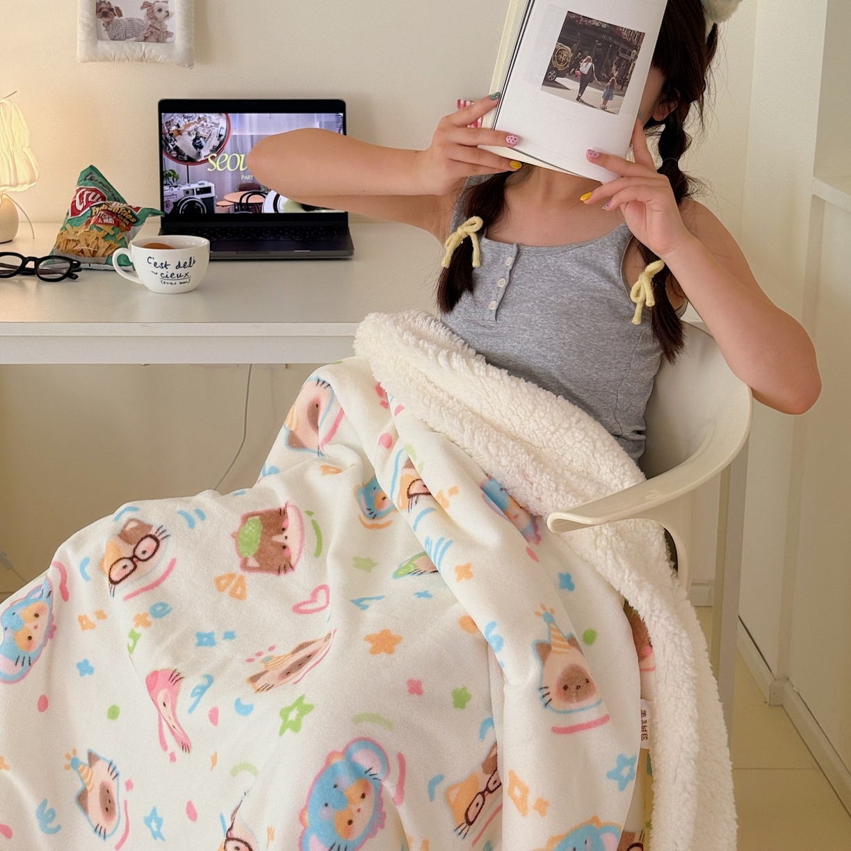 91家纺网 家纺一手货源 找家纺 顾里家纺 2025新款ins韩系少女牛奶羊羔绒盖毯毛毯 泡芙喵喵