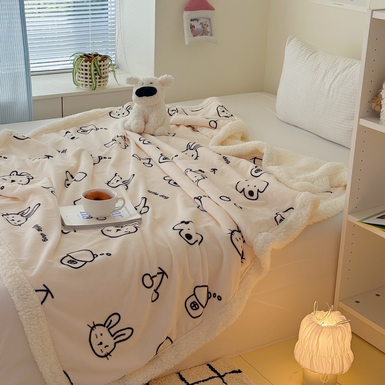 91家纺网 家纺一手货源 找家纺 顾里家纺 2025新款ins韩系少女牛奶羊羔绒盖毯毛毯 线条漫画