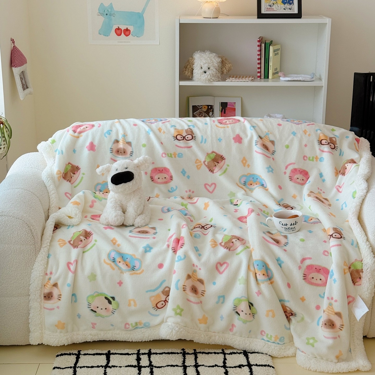 91家纺网 家纺一手货源 找家纺 顾里家纺 2025新款ins韩系少女牛奶羊羔绒盖毯毛毯 泡芙喵喵