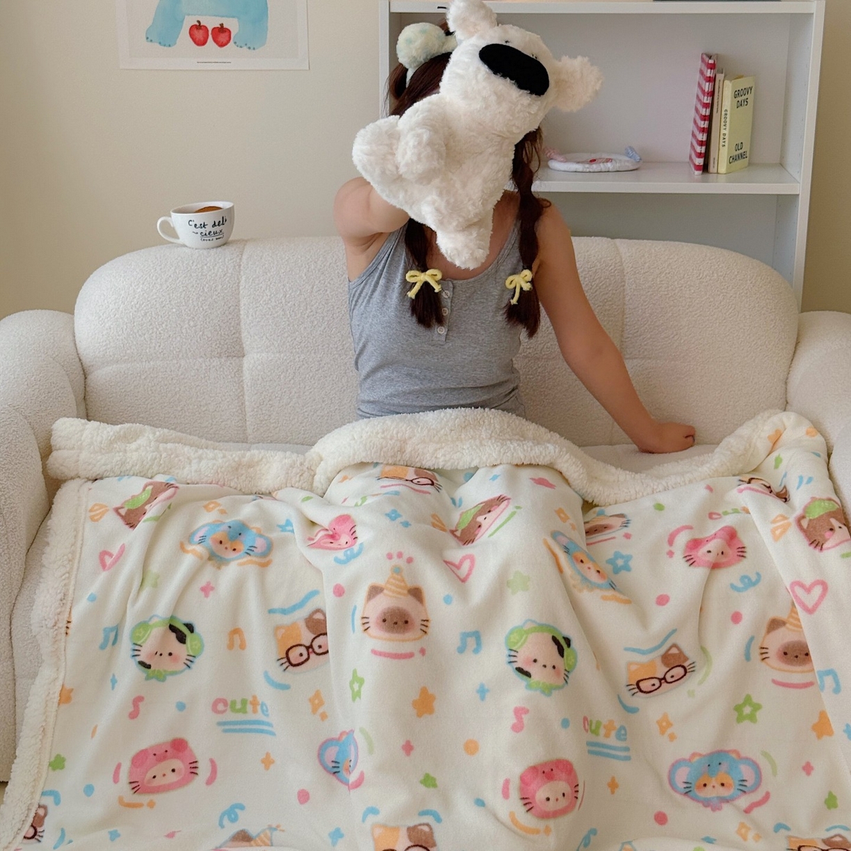 91家纺网 家纺一手货源 找家纺 顾里家纺 2025新款ins韩系少女牛奶羊羔绒盖毯毛毯 泡芙喵喵