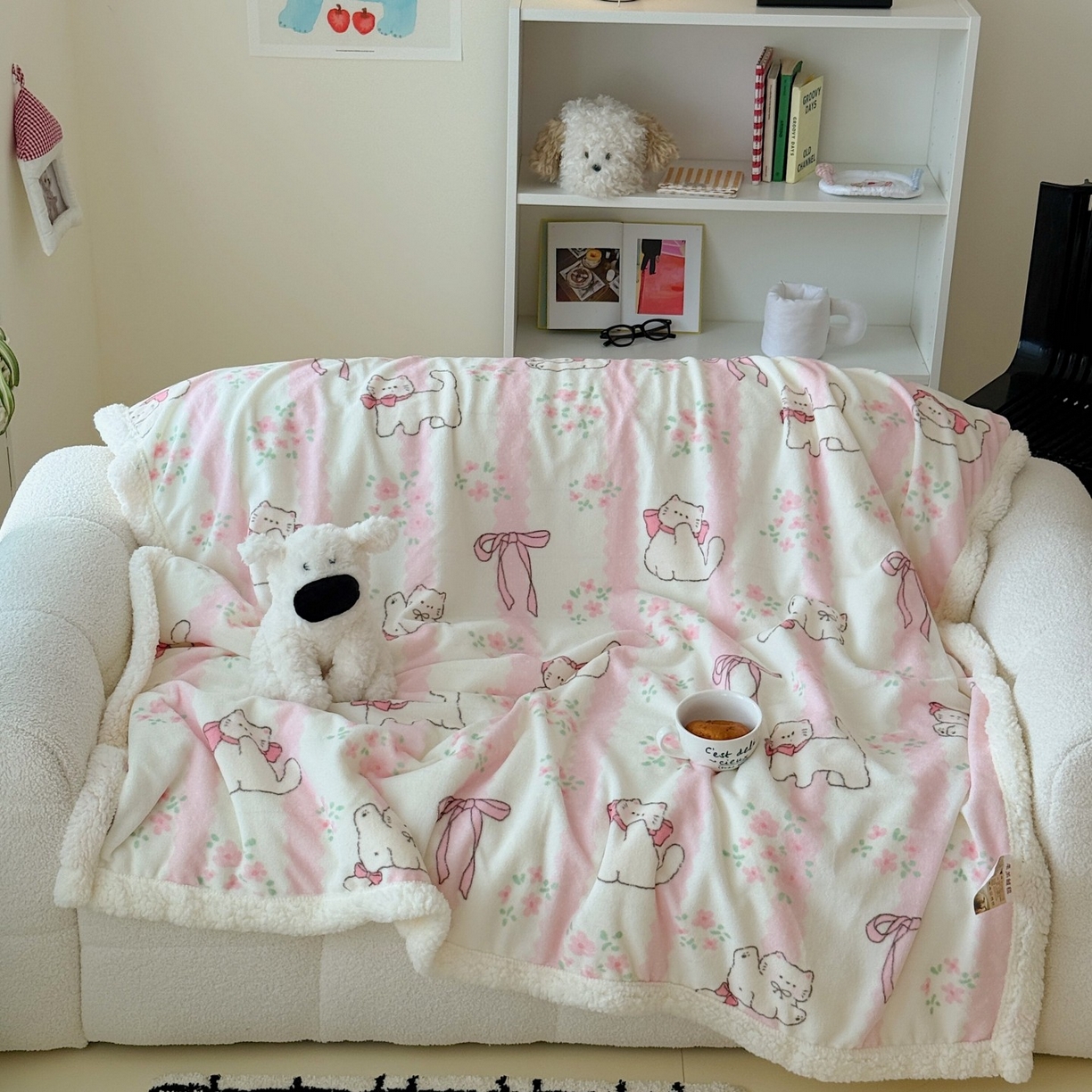 91家纺网 家纺一手货源 找家纺 顾里家纺 2025新款ins韩系少女牛奶羊羔绒盖毯毛毯 丝带碎花猫咪