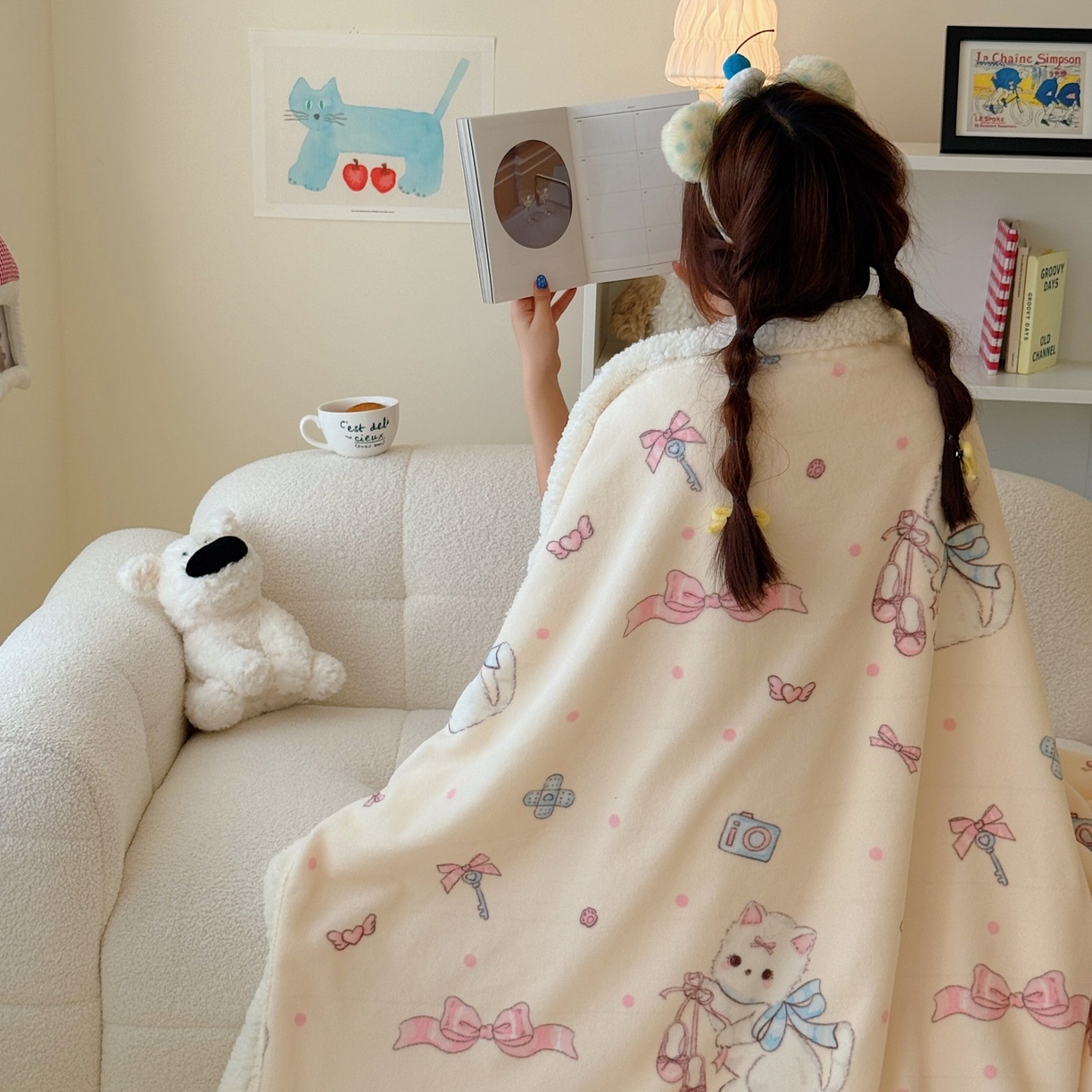 91家纺网 家纺一手货源 找家纺 顾里家纺 2025新款ins韩系少女牛奶羊羔绒盖毯毛毯 洛丽猫咪