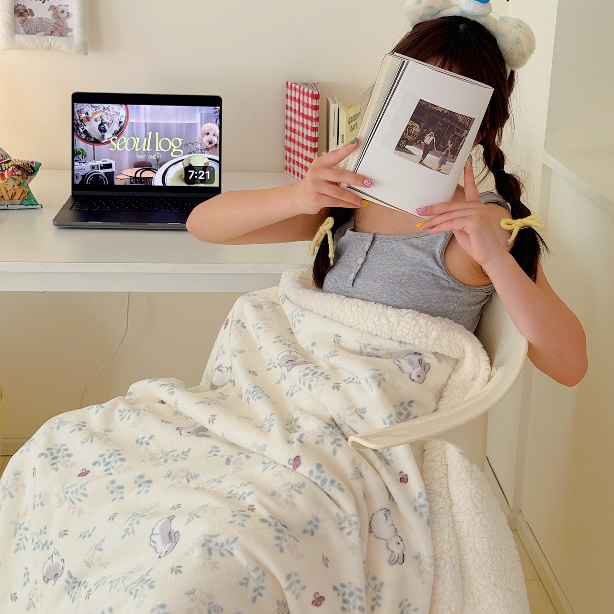 91家纺网 家纺一手货源 找家纺 顾里家纺 2025新款ins韩系少女牛奶羊羔绒盖毯毛毯 碎花兔兔