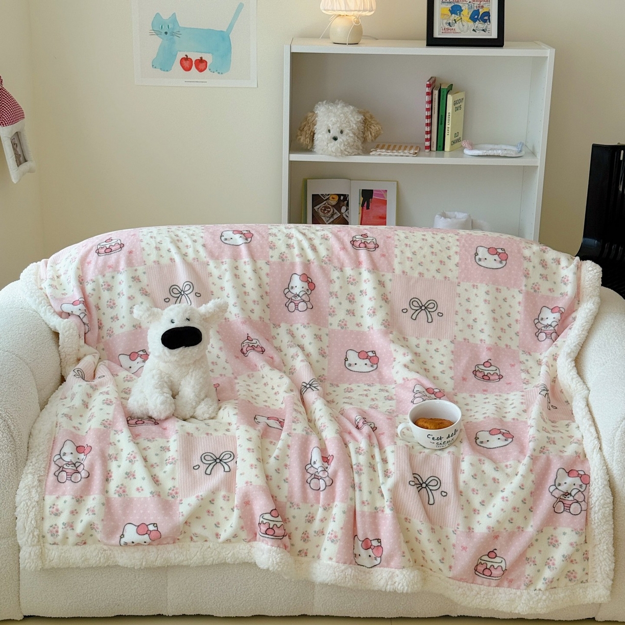 91家纺网 家纺一手货源 找家纺 顾里家纺 2025新款ins韩系少女牛奶羊羔绒盖毯毛毯 碎花拼接猫咪