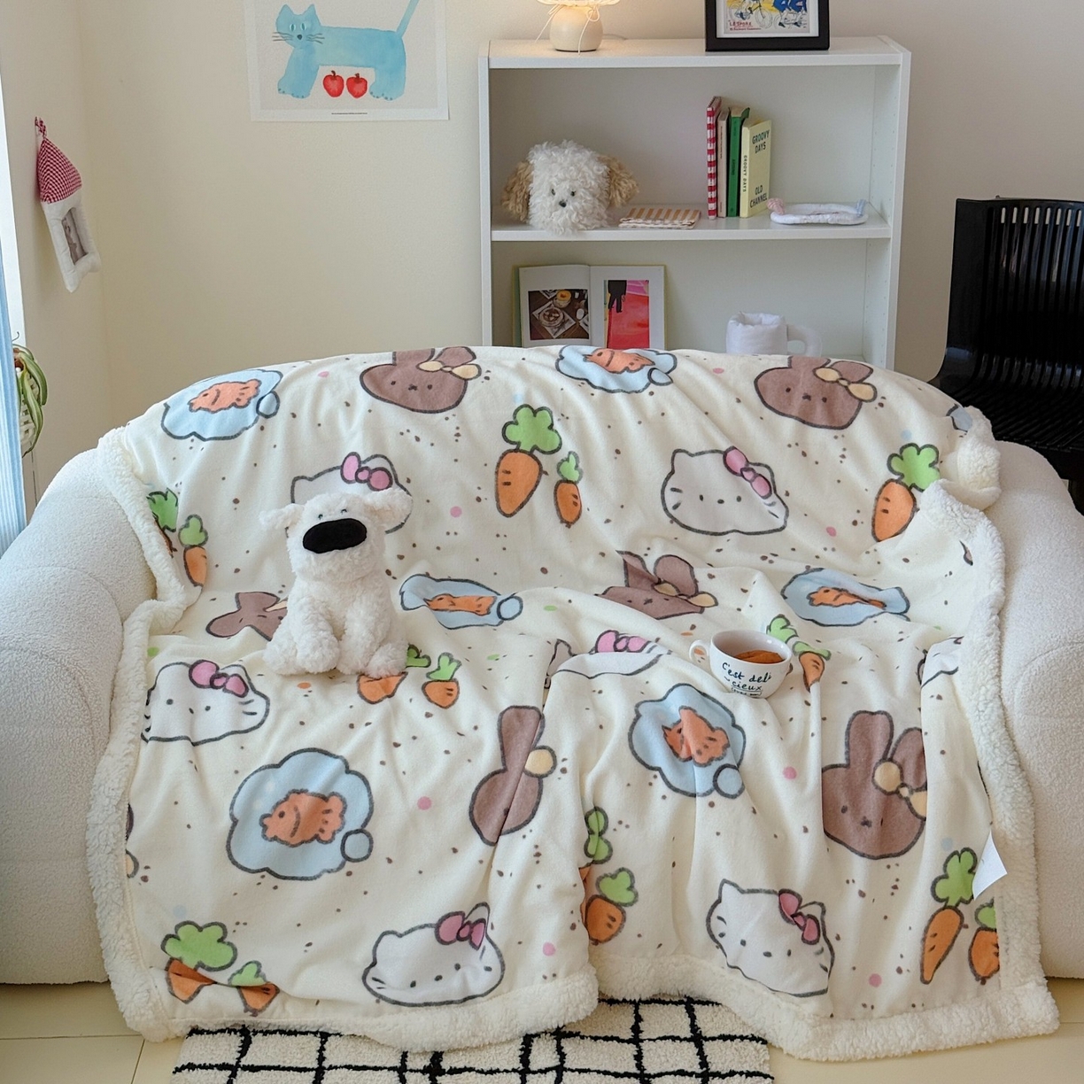 91家纺网 家纺一手货源 找家纺 顾里家纺 2025新款ins韩系少女牛奶羊羔绒盖毯毛毯 小猫小兔