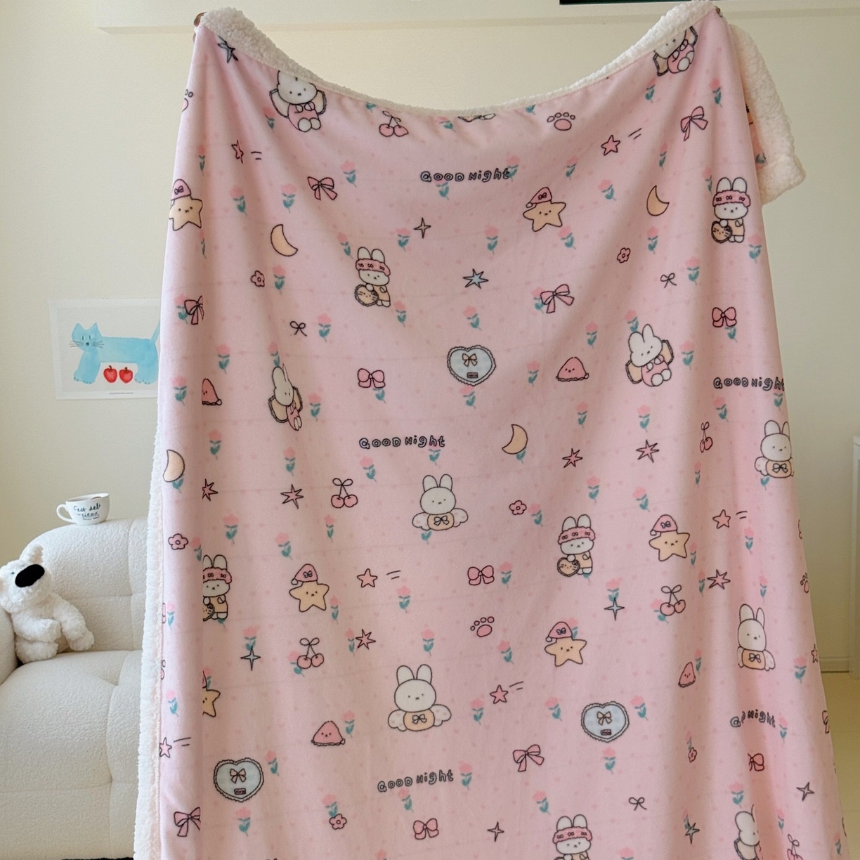 91家纺网 家纺一手货源 找家纺 顾里家纺 2025新款ins韩系少女牛奶羊羔绒盖毯毛毯 碎花小兔