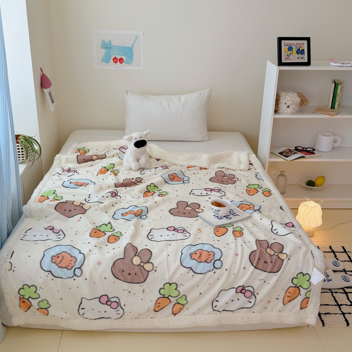 91家纺网 家纺一手货源 找家纺 顾里家纺 2025新款ins韩系少女牛奶羊羔绒盖毯毛毯 小猫小兔