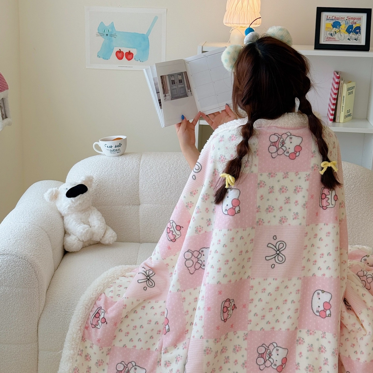 91家纺网 家纺一手货源 找家纺 顾里家纺 2025新款ins韩系少女牛奶羊羔绒盖毯毛毯 碎花拼接猫咪