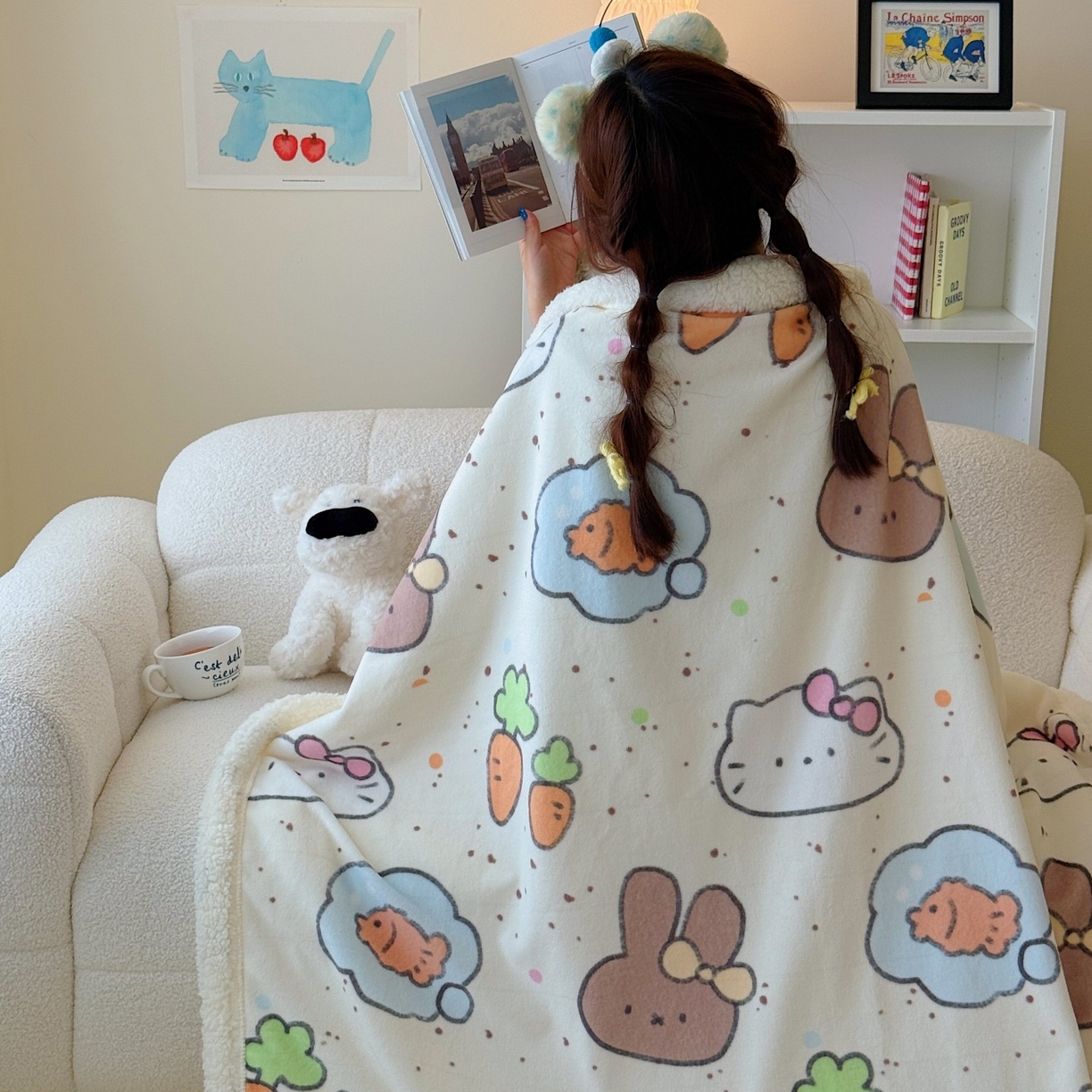 91家纺网 家纺一手货源 找家纺 顾里家纺 2025新款ins韩系少女牛奶羊羔绒盖毯毛毯 小猫小兔