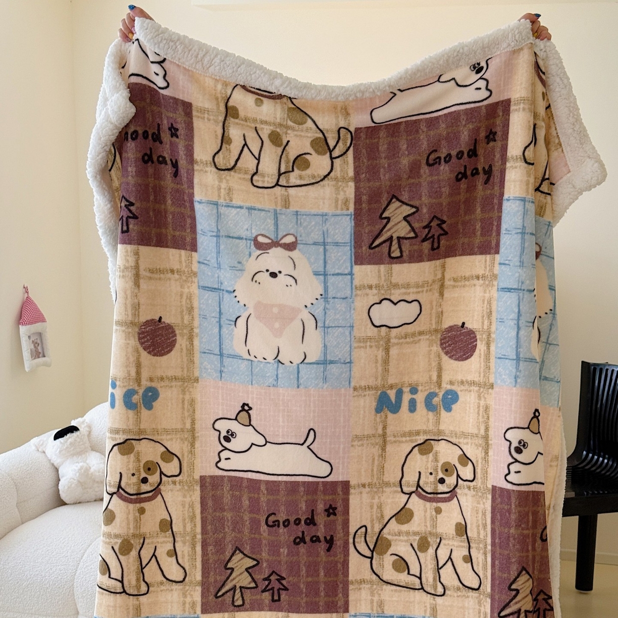 91家纺网 家纺一手货源 找家纺 顾里家纺 2025新款ins韩系少女牛奶羊羔绒盖毯毛毯 美式狗仔