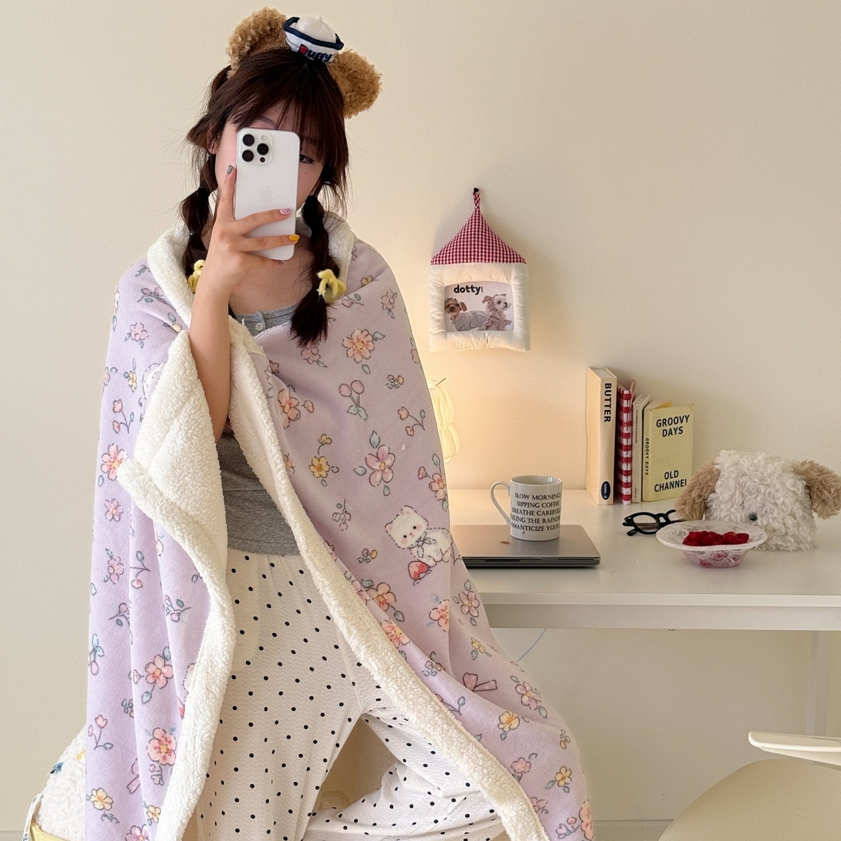 91家纺网 家纺一手货源 找家纺 顾里家纺 2025新款ins韩系少女牛奶羊羔绒盖毯毛毯 碎花喵