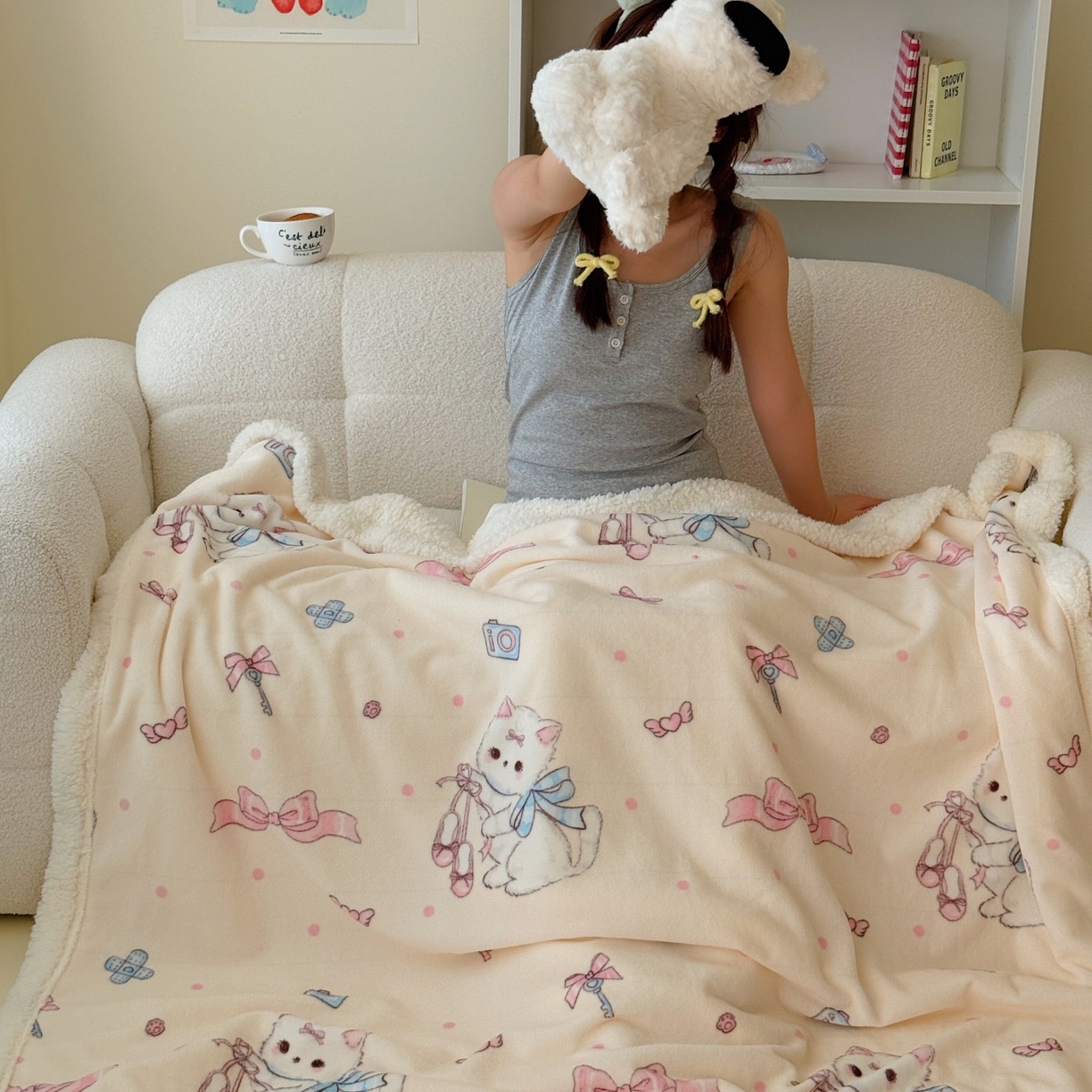 91家纺网 家纺一手货源 找家纺 顾里家纺 2025新款ins韩系少女牛奶羊羔绒盖毯毛毯 洛丽猫咪