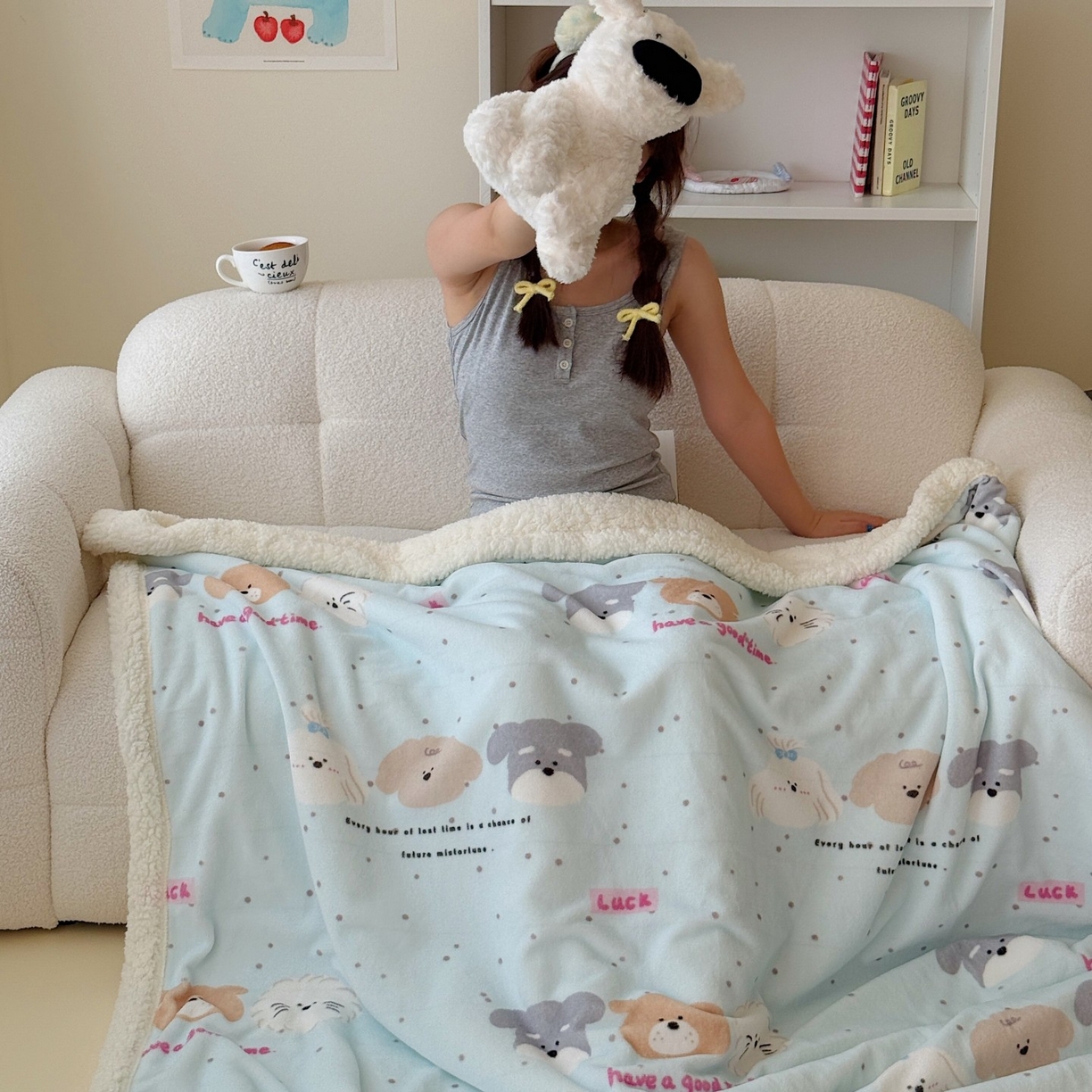 91家纺网 家纺一手货源 找家纺 顾里家纺 2025新款ins韩系少女牛奶羊羔绒盖毯毛毯 ins狗狗