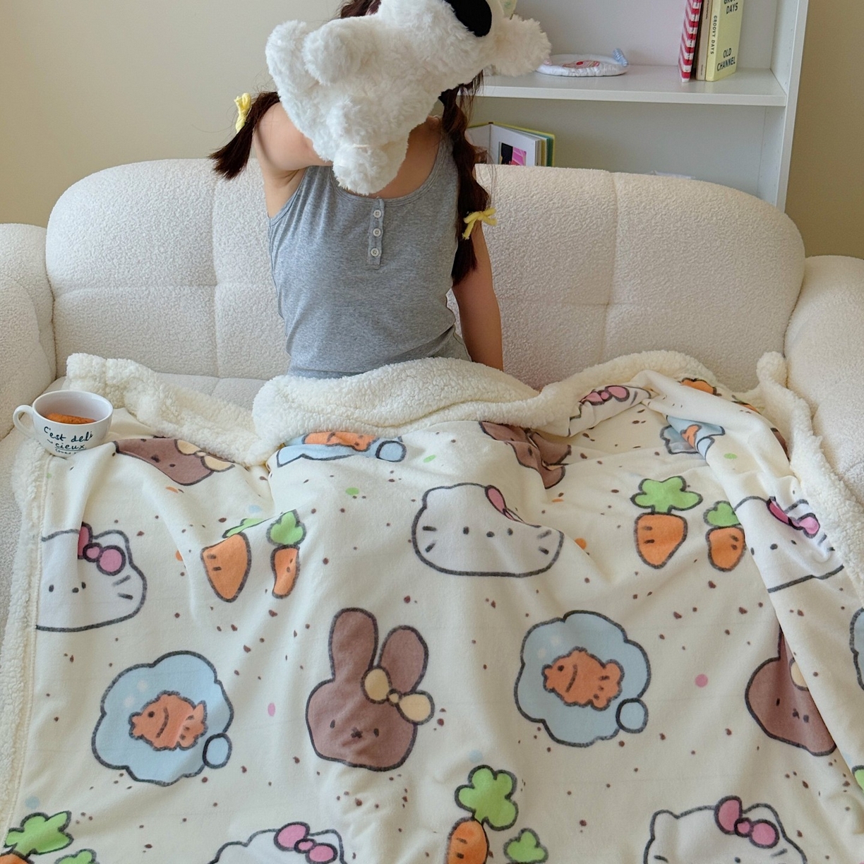 91家纺网 家纺一手货源 找家纺 顾里家纺 2025新款ins韩系少女牛奶羊羔绒盖毯毛毯 小猫小兔