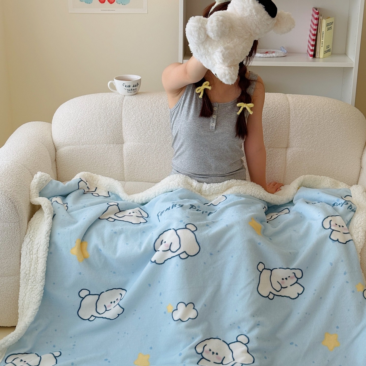 91家纺网 家纺一手货源 找家纺 顾里家纺 2025新款ins韩系少女牛奶羊羔绒盖毯毛毯 云朵小狗