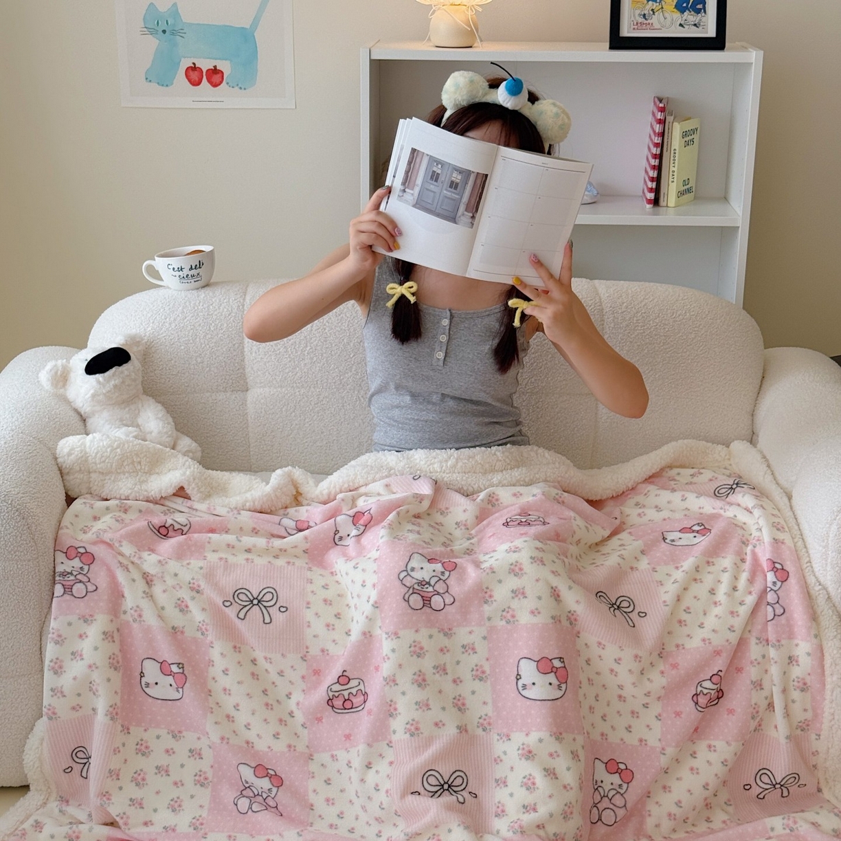 91家纺网 家纺一手货源 找家纺 顾里家纺 2025新款ins韩系少女牛奶羊羔绒盖毯毛毯 碎花拼接猫咪