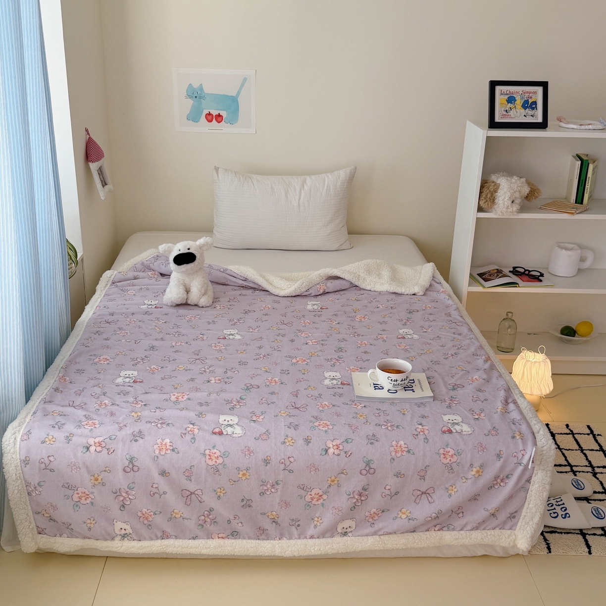 91家纺网 家纺一手货源 找家纺 顾里家纺 2025新款ins韩系少女牛奶羊羔绒盖毯毛毯 碎花喵