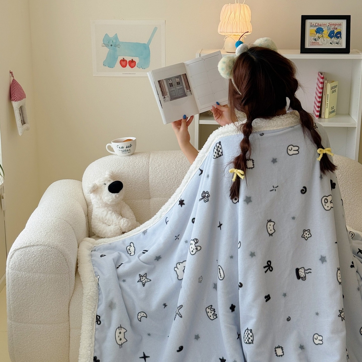 91家纺网 家纺一手货源 找家纺 顾里家纺 2025新款ins韩系少女牛奶羊羔绒盖毯毛毯 线条动物