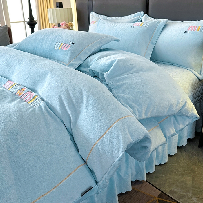 柏薇 2025新款高克重牛奶绒绣花床盖四件套-缪系列 奶蓝色