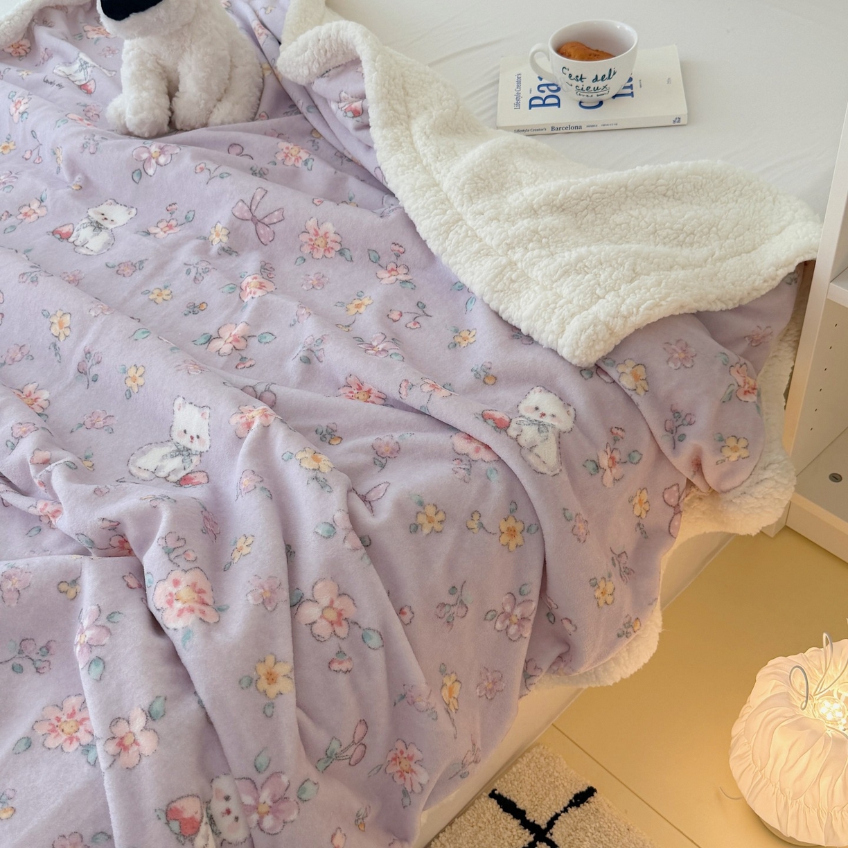 91家纺网 家纺一手货源 找家纺 顾里家纺 2025新款ins韩系少女牛奶羊羔绒盖毯毛毯 碎花喵