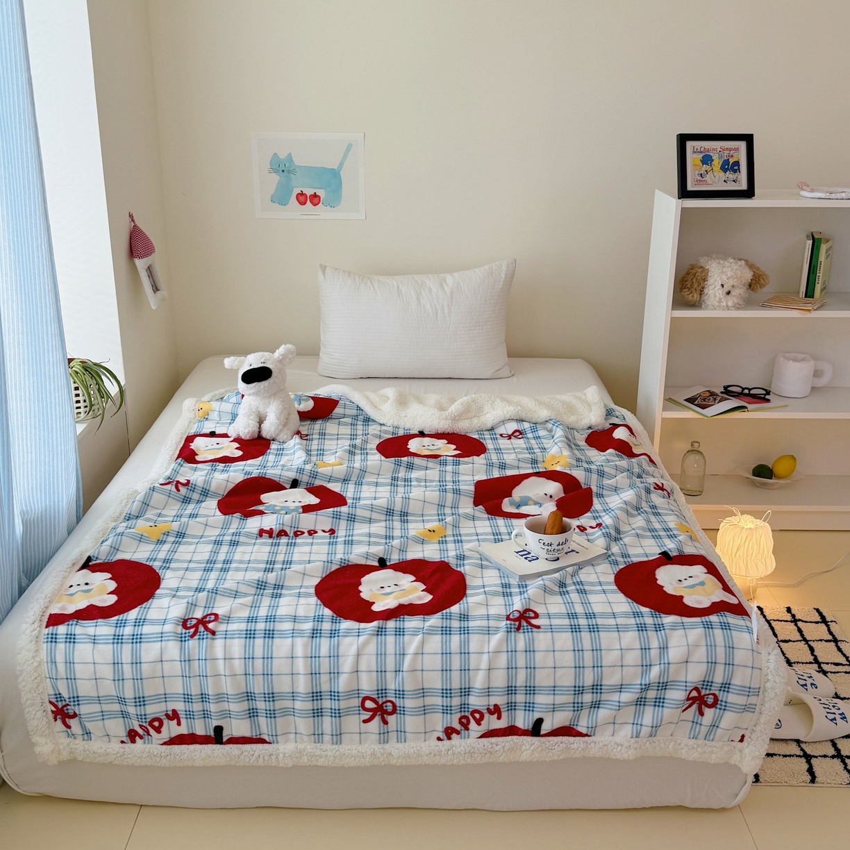 91家纺网 家纺一手货源 找家纺 顾里家纺 2025新款ins韩系少女牛奶羊羔绒盖毯毛毯 苹果狗狗