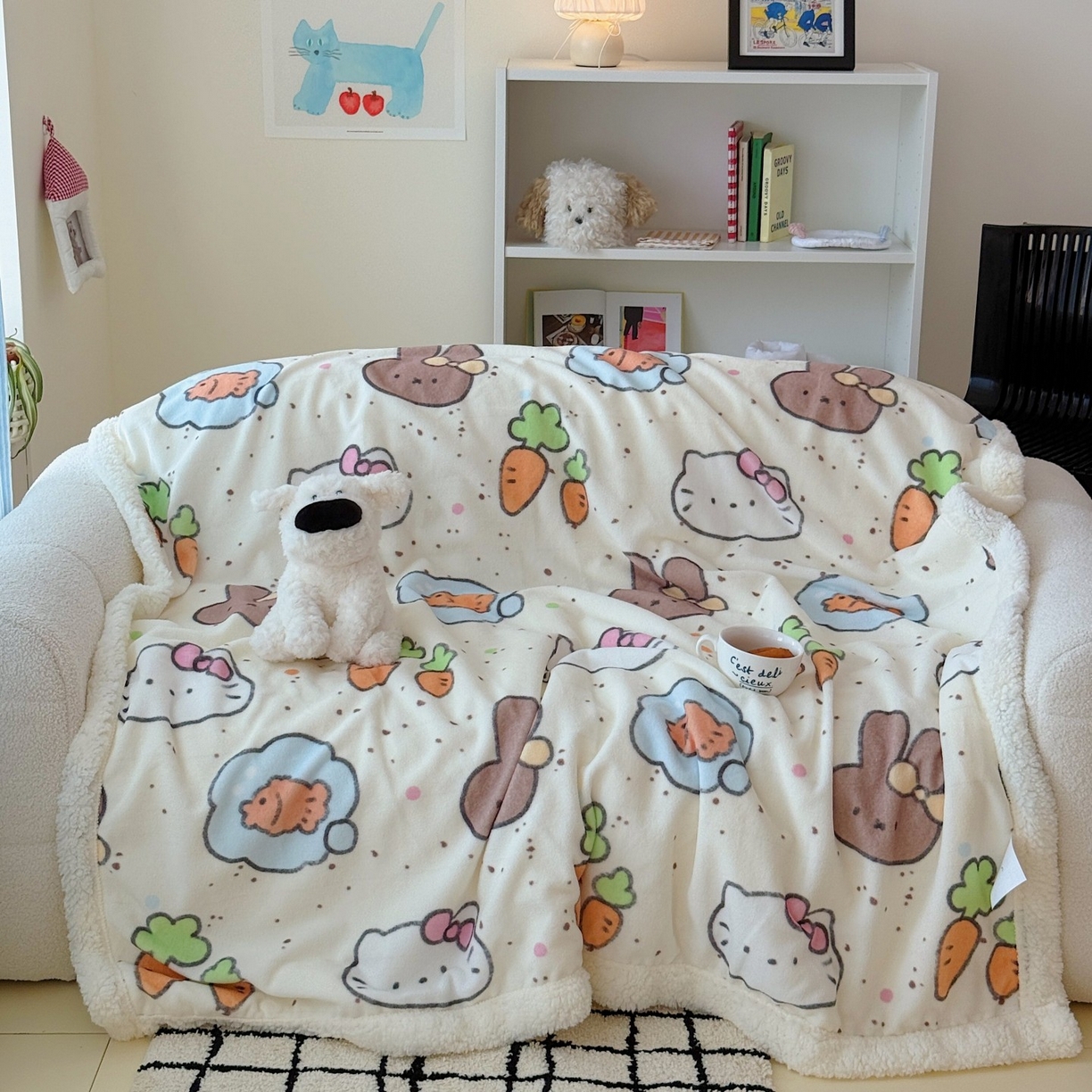 91家纺网 家纺一手货源 找家纺 顾里家纺 2025新款ins韩系少女牛奶羊羔绒盖毯毛毯 小猫小兔