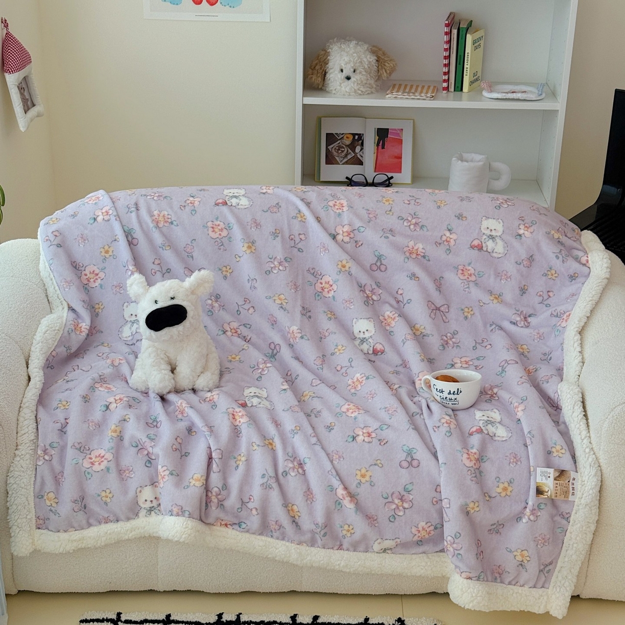 91家纺网 家纺一手货源 找家纺 顾里家纺 2025新款ins韩系少女牛奶羊羔绒盖毯毛毯 碎花喵