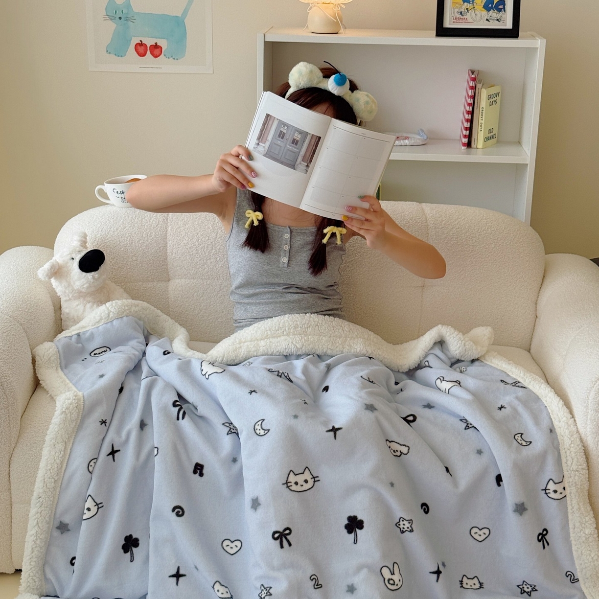 91家纺网 家纺一手货源 找家纺 顾里家纺 2025新款ins韩系少女牛奶羊羔绒盖毯毛毯 线条动物