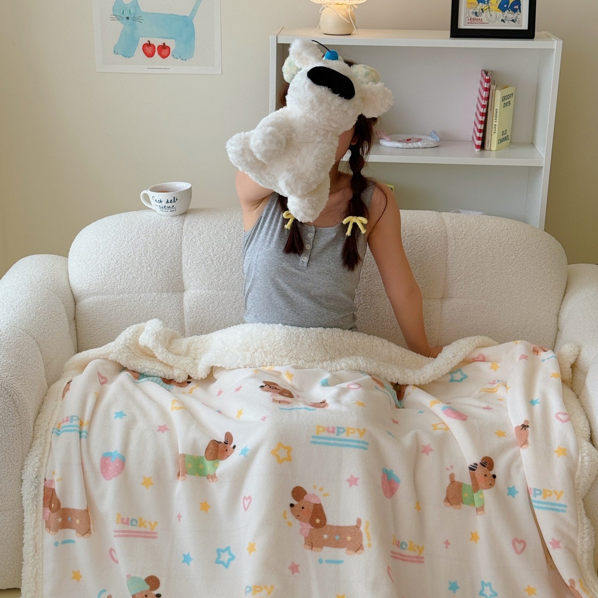 91家纺网 家纺一手货源 找家纺 顾里家纺 2025新款ins韩系少女牛奶羊羔绒盖毯毛毯 腊肠狗好友