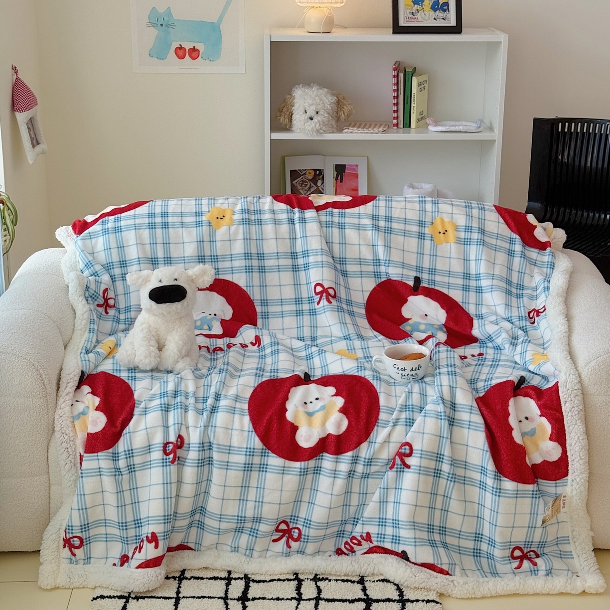 91家纺网 家纺一手货源 找家纺 顾里家纺 2025新款ins韩系少女牛奶羊羔绒盖毯毛毯 苹果狗狗