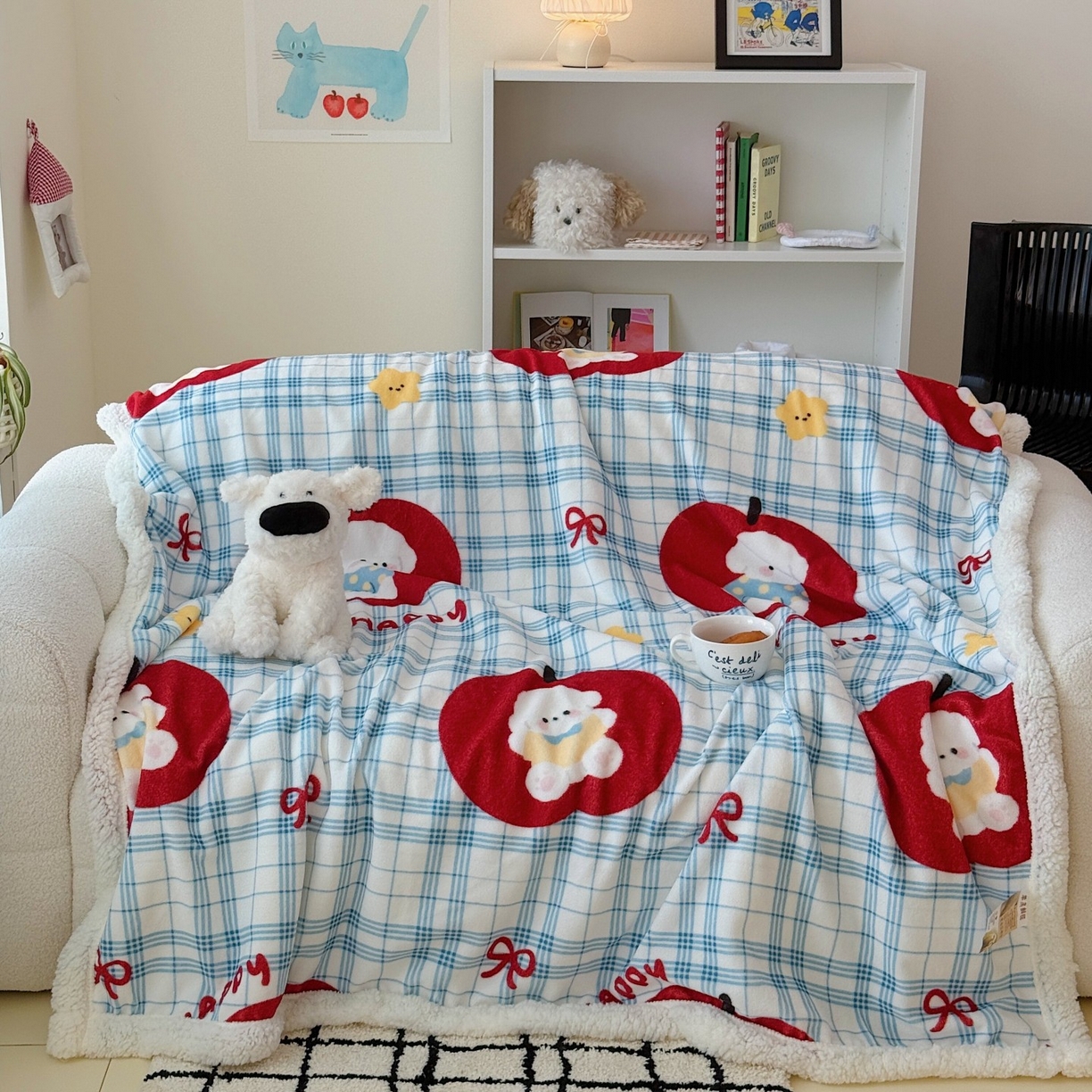 91家纺网 家纺一手货源 找家纺 顾里家纺 2025新款ins韩系少女牛奶羊羔绒盖毯毛毯 苹果狗狗