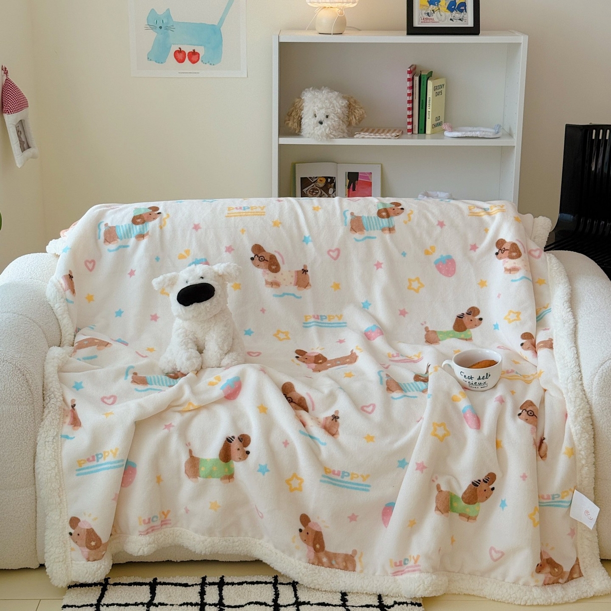 91家纺网 家纺一手货源 找家纺 顾里家纺 2025新款ins韩系少女牛奶羊羔绒盖毯毛毯 腊肠狗好友